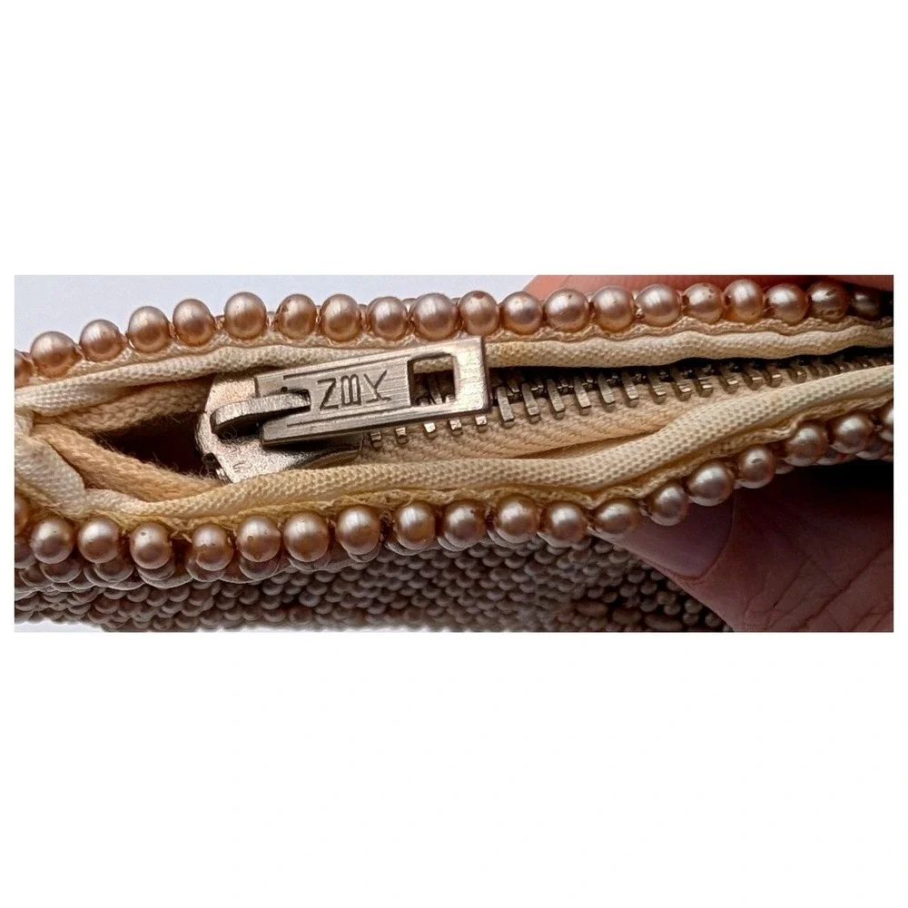 Vintage Made in Japan Faux Pearl Beaded Clutch Champagne Evening Bag Hand Strap